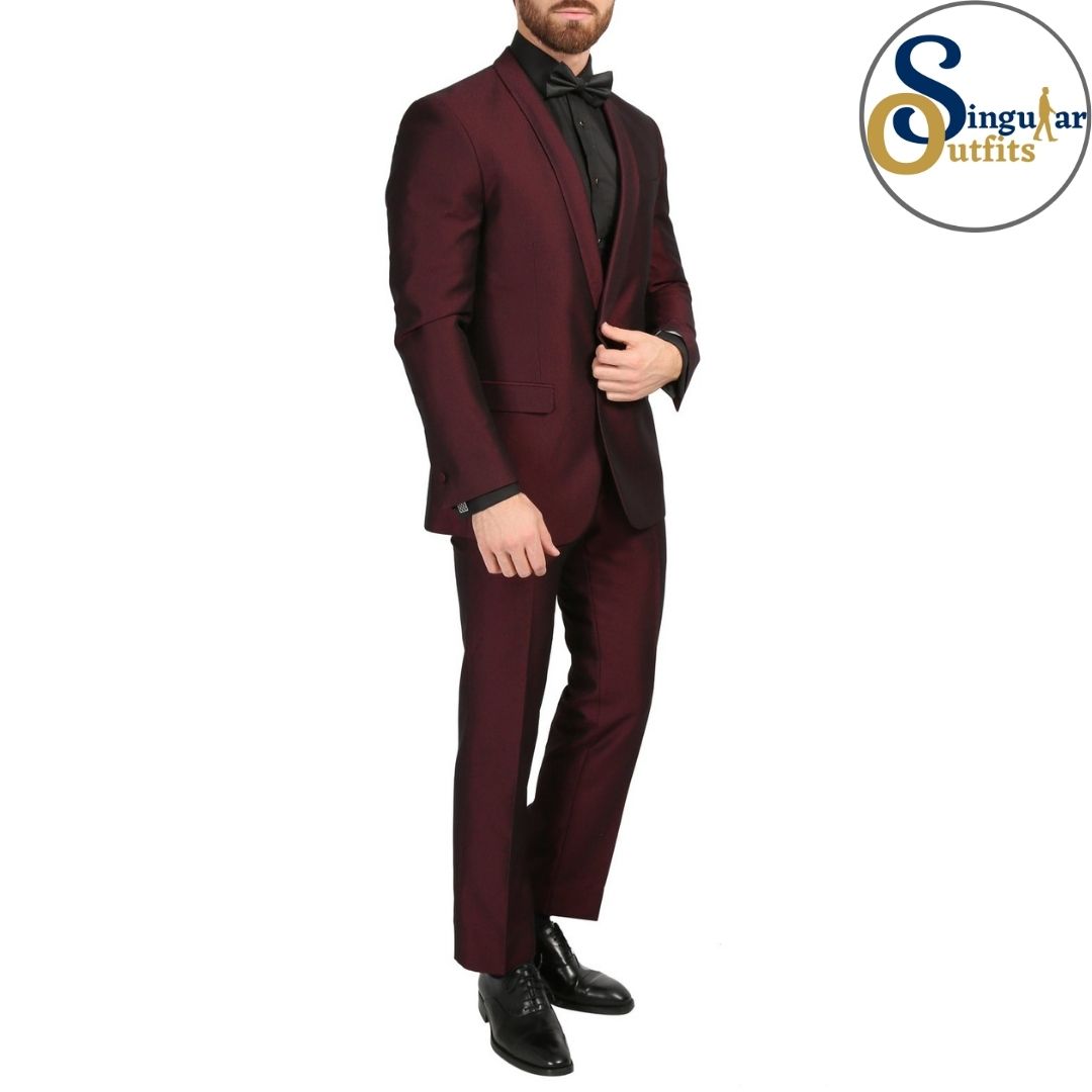 DAXSON Slim Fit 3 Piece Tuxedo Burgundy Shawl Lapel Singular Outfits Esmoquin Solapa Chal Side