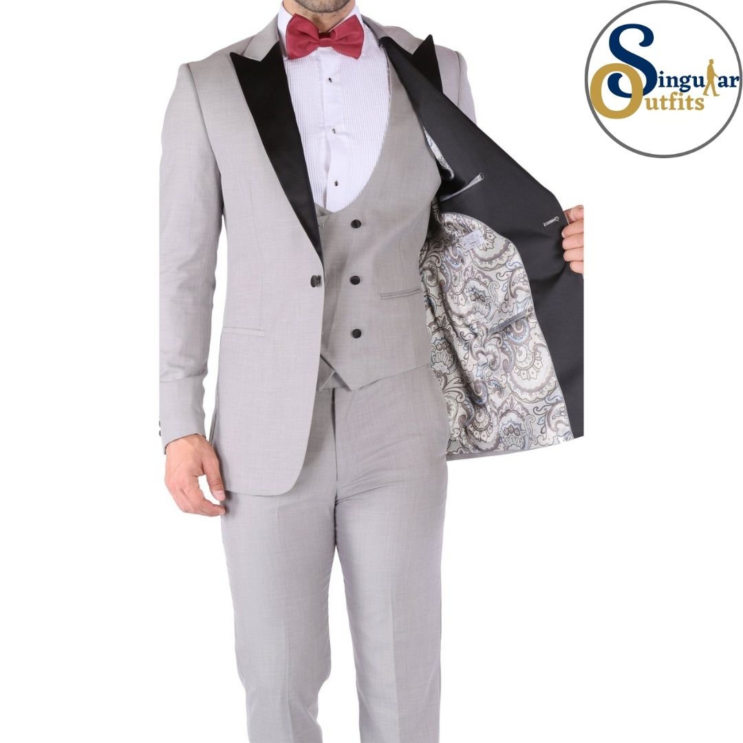 LUNA Slim Fit 3 Piece Tuxedo Gray Peak Lapel Singular Outfits Esmoquin Solapa de Pico Inside