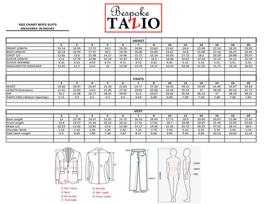 Kids formal suits size chart | Tabla de tallas para trajes formales de niño