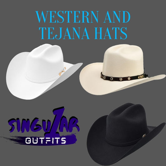 Tejana hats and western hats. Sombreros y tejanas