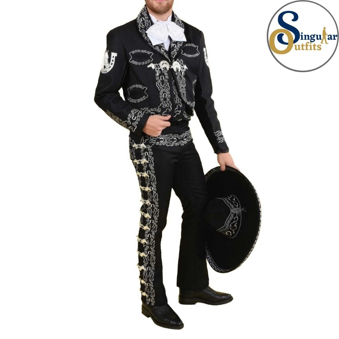 TM-72175 Black-Silver Traje Charro hombre Botonadura y Bordado mens charro suit Singular Outfits