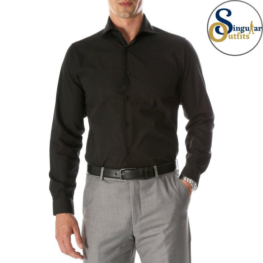 LEO Slim Fit Button Up Formal Dress Shirt Black Singular Outfits Camisa Formal de Vestir Front 