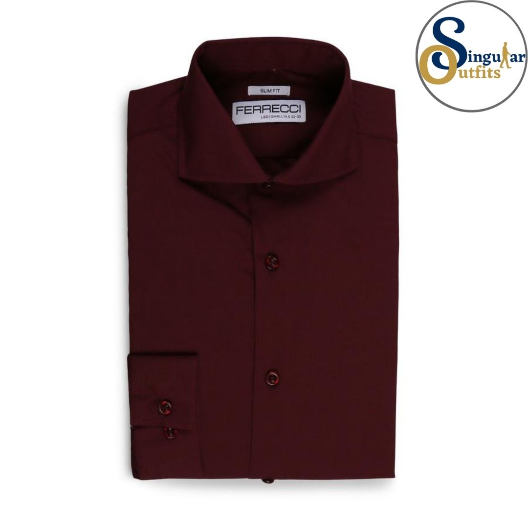 LEO Slim Fit Button Up Formal Dress Shirt Burgundy Singular Outfits Camisa Formal de Vestir 