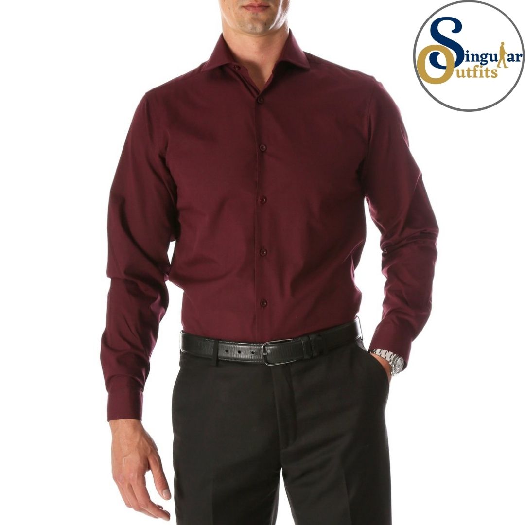 LEO Slim Fit Button Up Formal Dress Shirt Burgundy Singular Outfits Camisa Formal de Vestir Front 