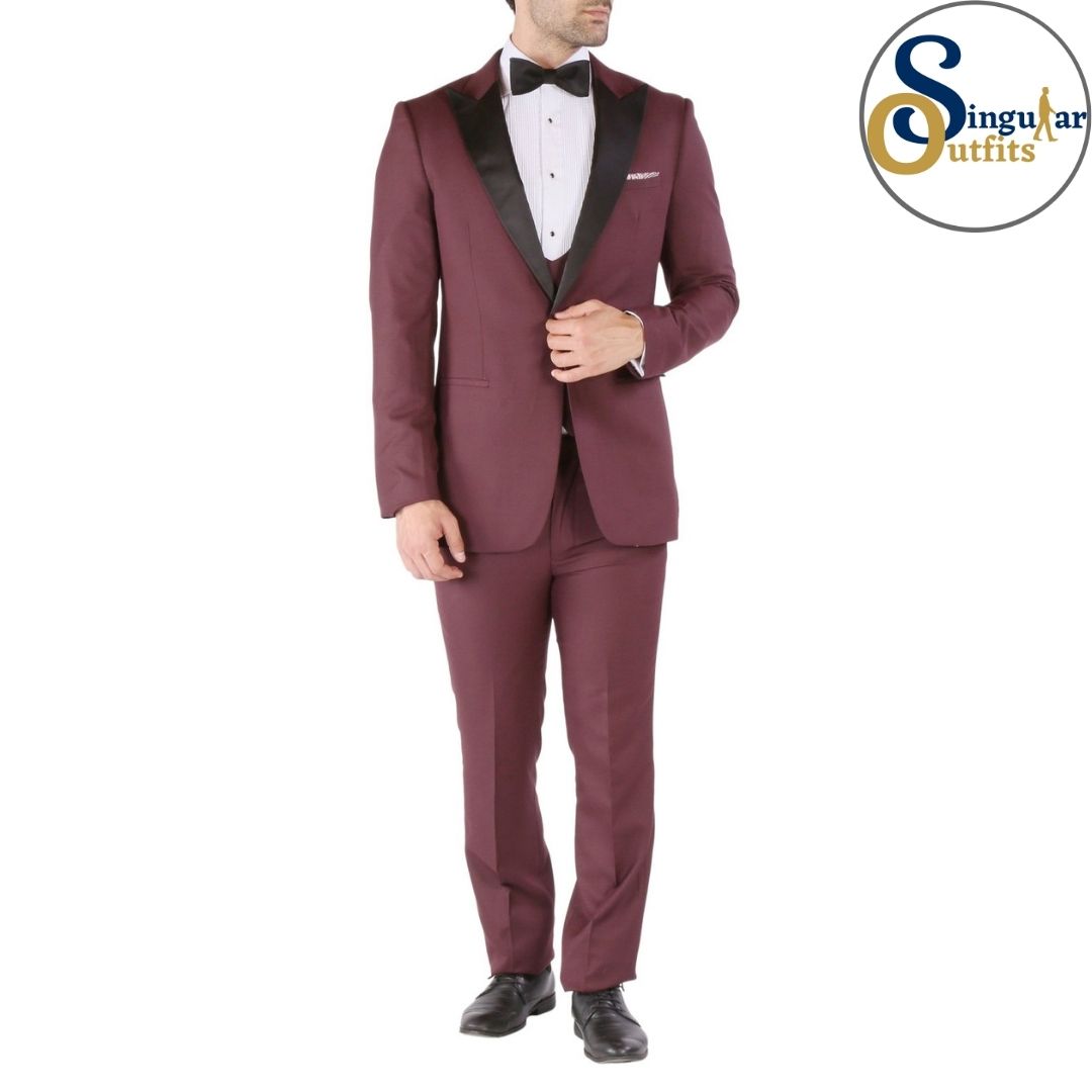 LUNA Slim Fit 3 Piece Tuxedo Burgundy Peak Lapel Singular Outfits Esmoquin Solapa de Pico Front
