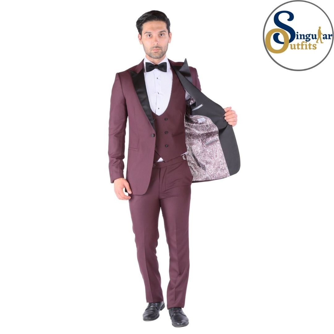 LUNA Slim Fit 3 Piece Tuxedo Burgundy Peak Lapel Singular Outfits Esmoquin Solapa de Pico Vest Inside