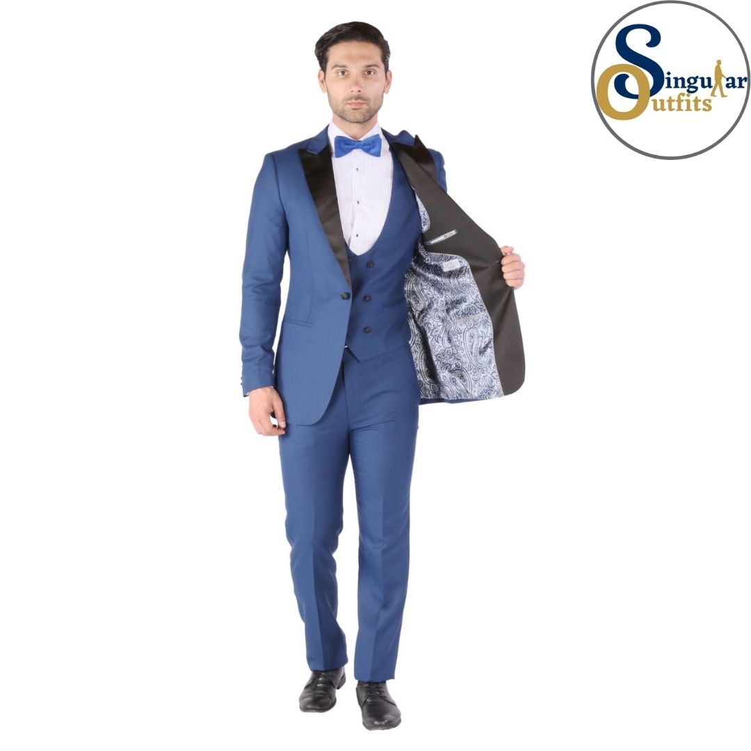 LUNA Slim Fit 3 Piece Tuxedo Indigo Blue Peak Lapel Singular Outfits Esmoquin Solapa de Pico Inside