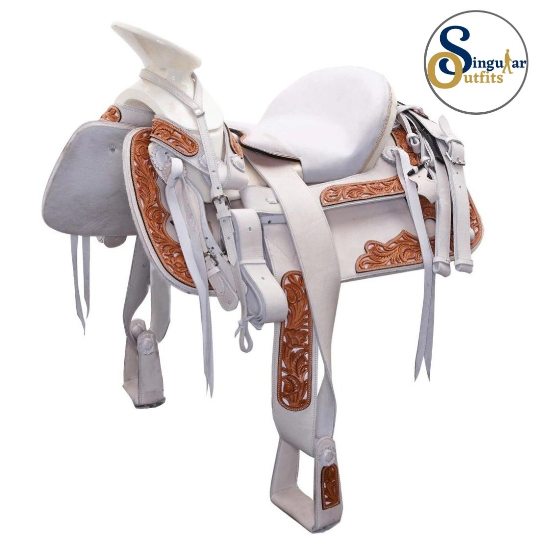 Montura charra Mexicana blanca basto redondo SO-WD1064 Mexican Charro Horse Saddle