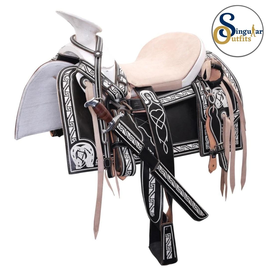 Montura charra Mexicana bordada negra  SO-WD1061 Mexican Charro Horse Saddle