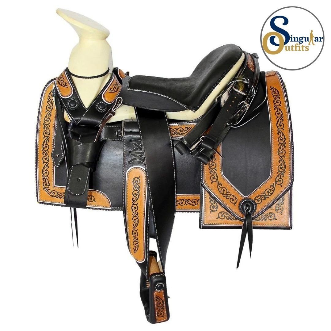 Montura charra Mexicana negra cantina cuadrada SO-TM62115 Mexican Charro Horse Saddle