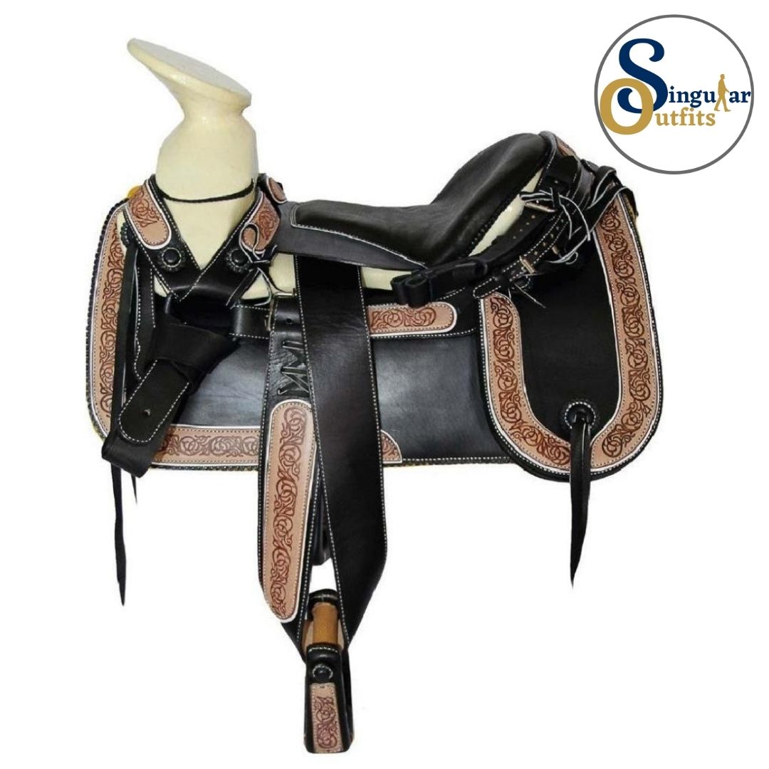 Montura charra Mexicana negra cantina redonda SO-TM62241 Mexican Charro Horse Saddle
