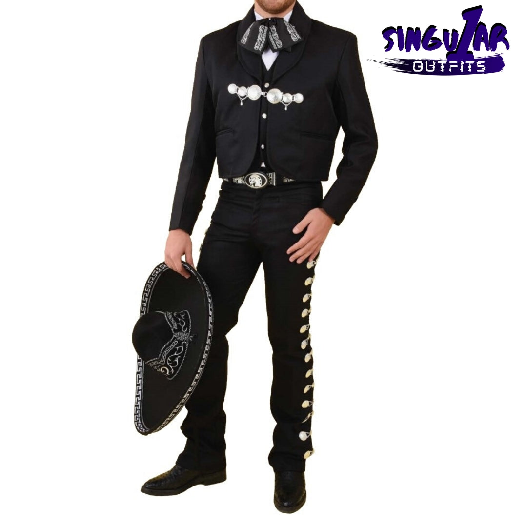TM-72130 Black-Silver Traje Charro hombre Botonadura mens charro suit Singular Outfits