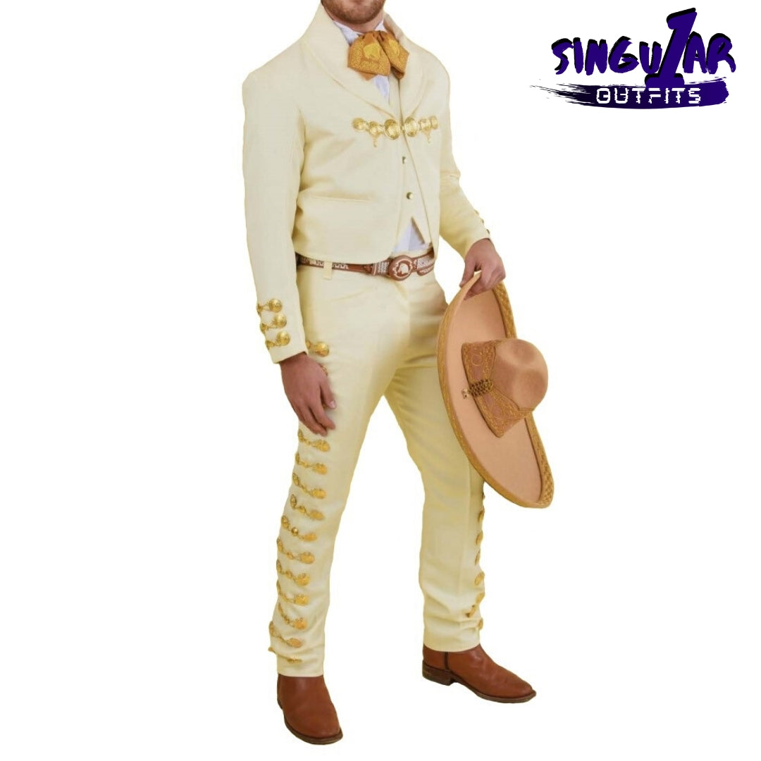 TM-72131 Beige-Gold Traje Charro hombre Botonadura mens charro suit Singular Outfits
