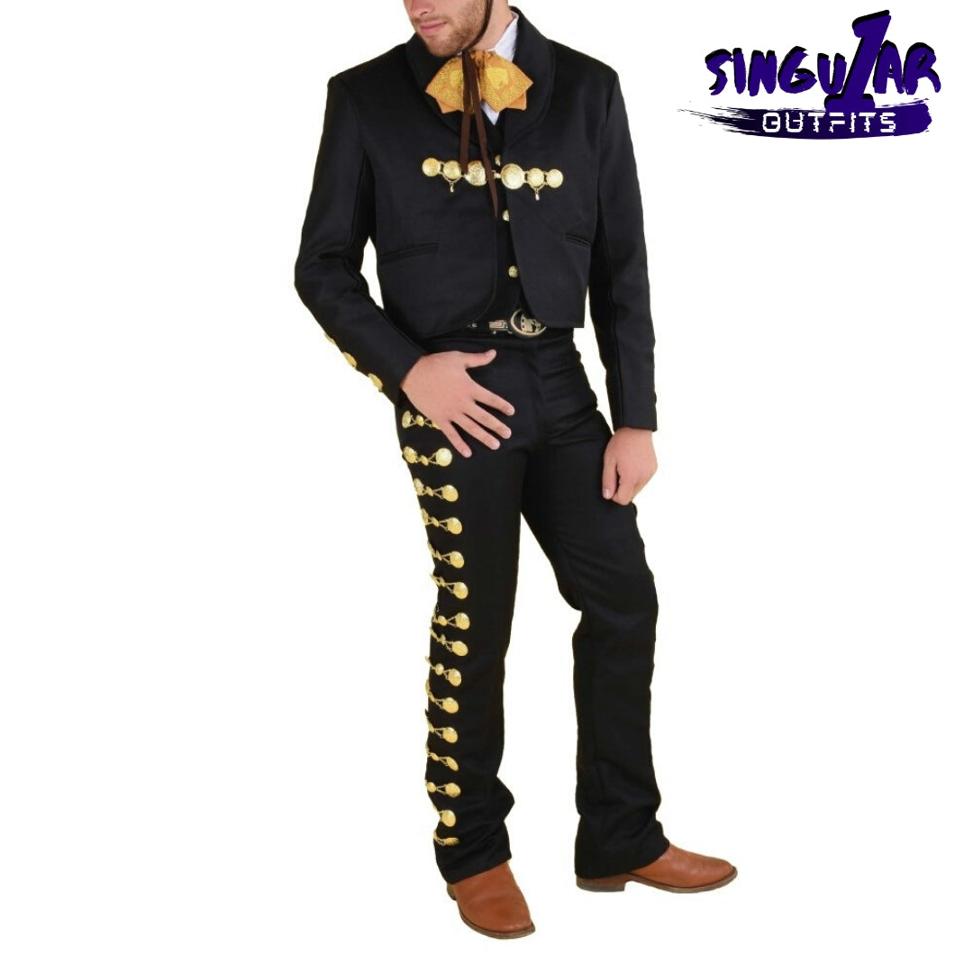 TM-72132 Black-Gold Traje Charro hombre Botonadura mens charro suit Singular Outfits