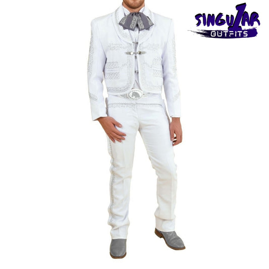 TM-72142 White-silver Soutache Traje Charro hombre mens charro suit Singular Outfits