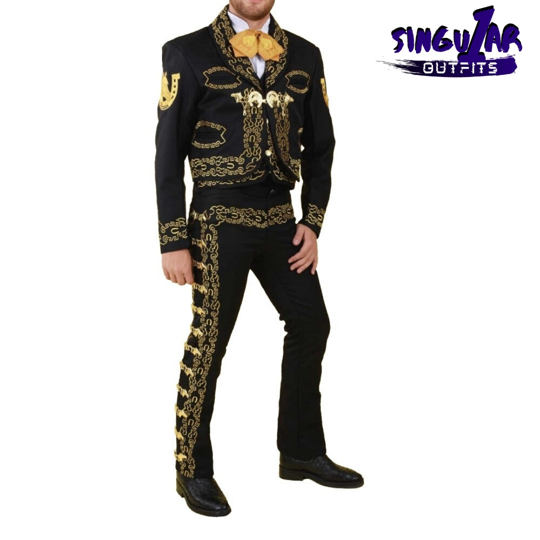 TM-72176 Black-Gold Traje Charro hombre Botonadura y Bordado mens charro suit Singular Outfits